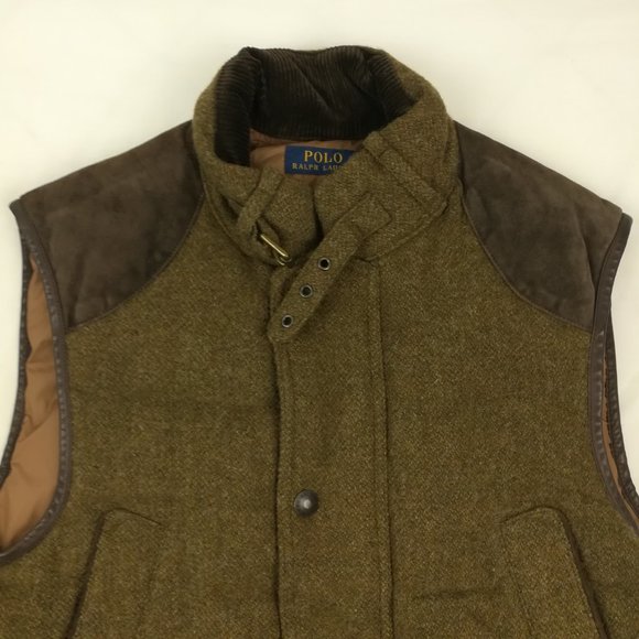 Polo Ralph Lauren Tweed Wool Down Hunting Vest Jacket Suede - Picture 3 of 8